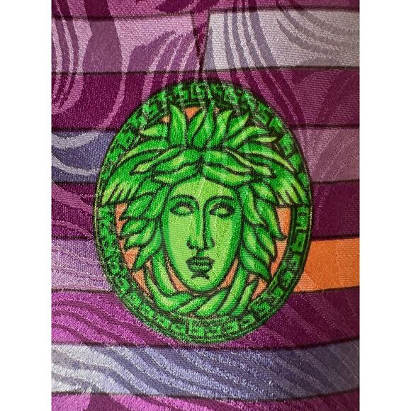 Vintage Versace Silk Tie 90s Medusa Purple Striped Made in Spain - Picture 5 of 5